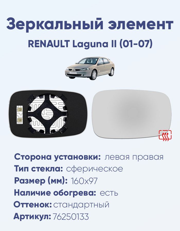 Зеркальный элемент основной RENAULT Laguna II (01-07) сфера нейтральный с обогревом