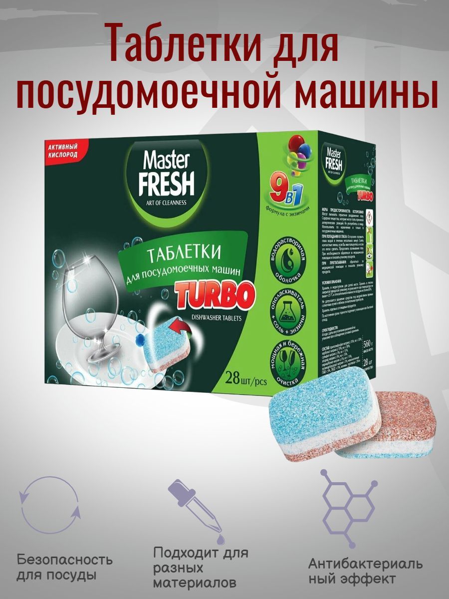 Таблетки для посудомоечных машин Master Fresh TURBO 9в1 в растворимой оболочке, 28 шт