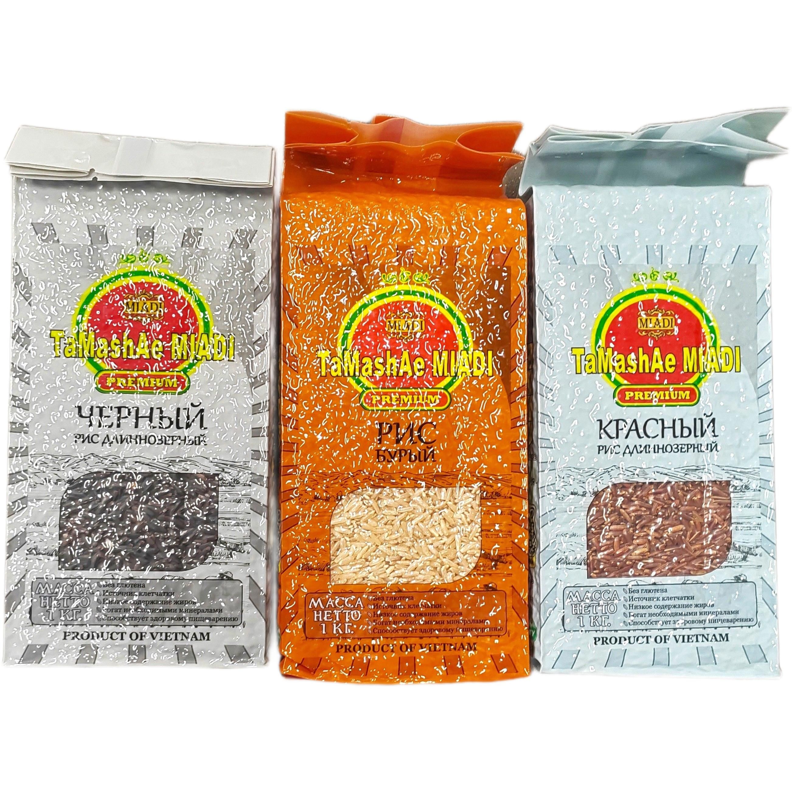 Набор круп Tamashae Miadi, набор из черного, бурого и красного риса, 3 шт х 1000 г