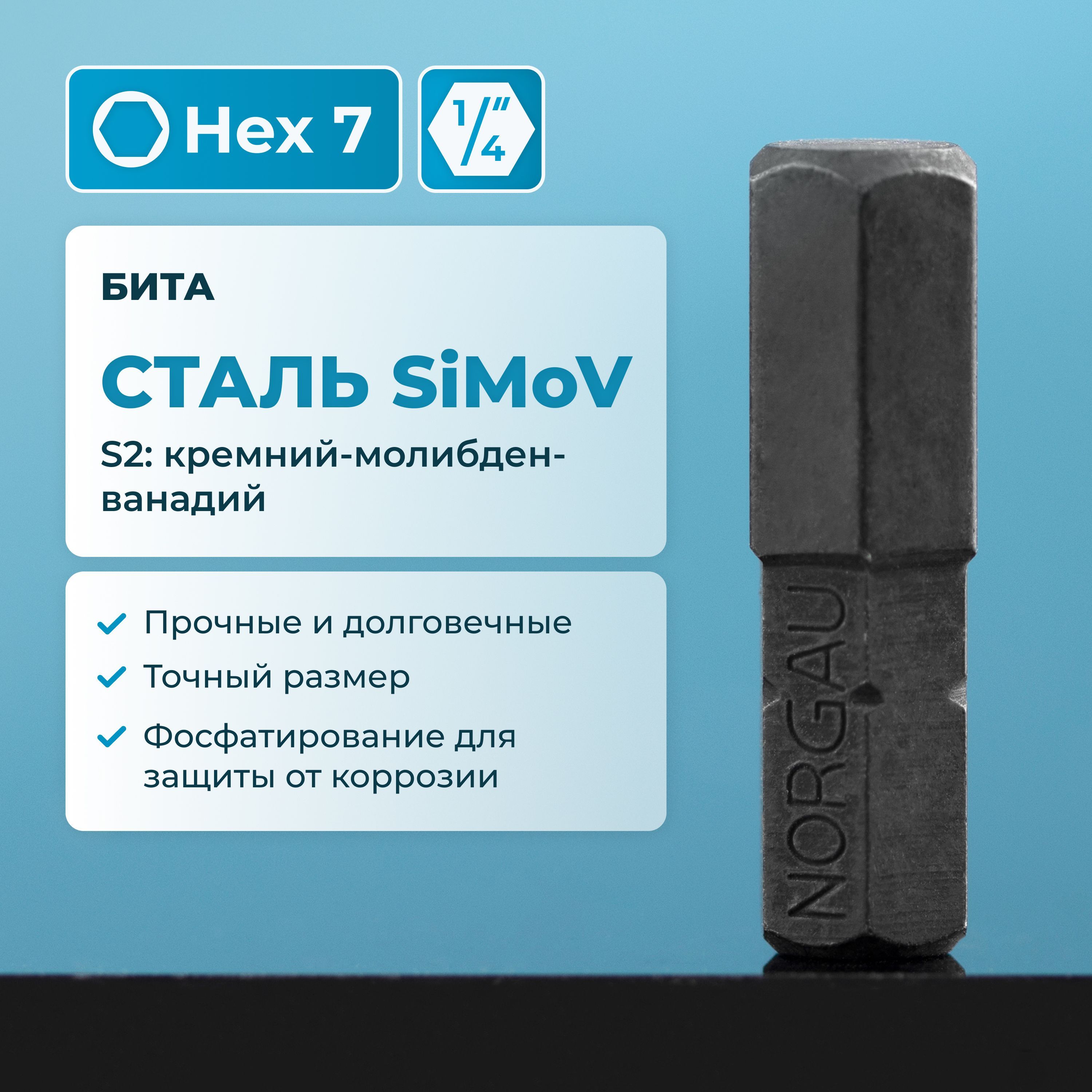 БитаHEX7NORGAUIndustrialизвысокопрочнойSiMoVсталиS2,подшестигранник1/4"