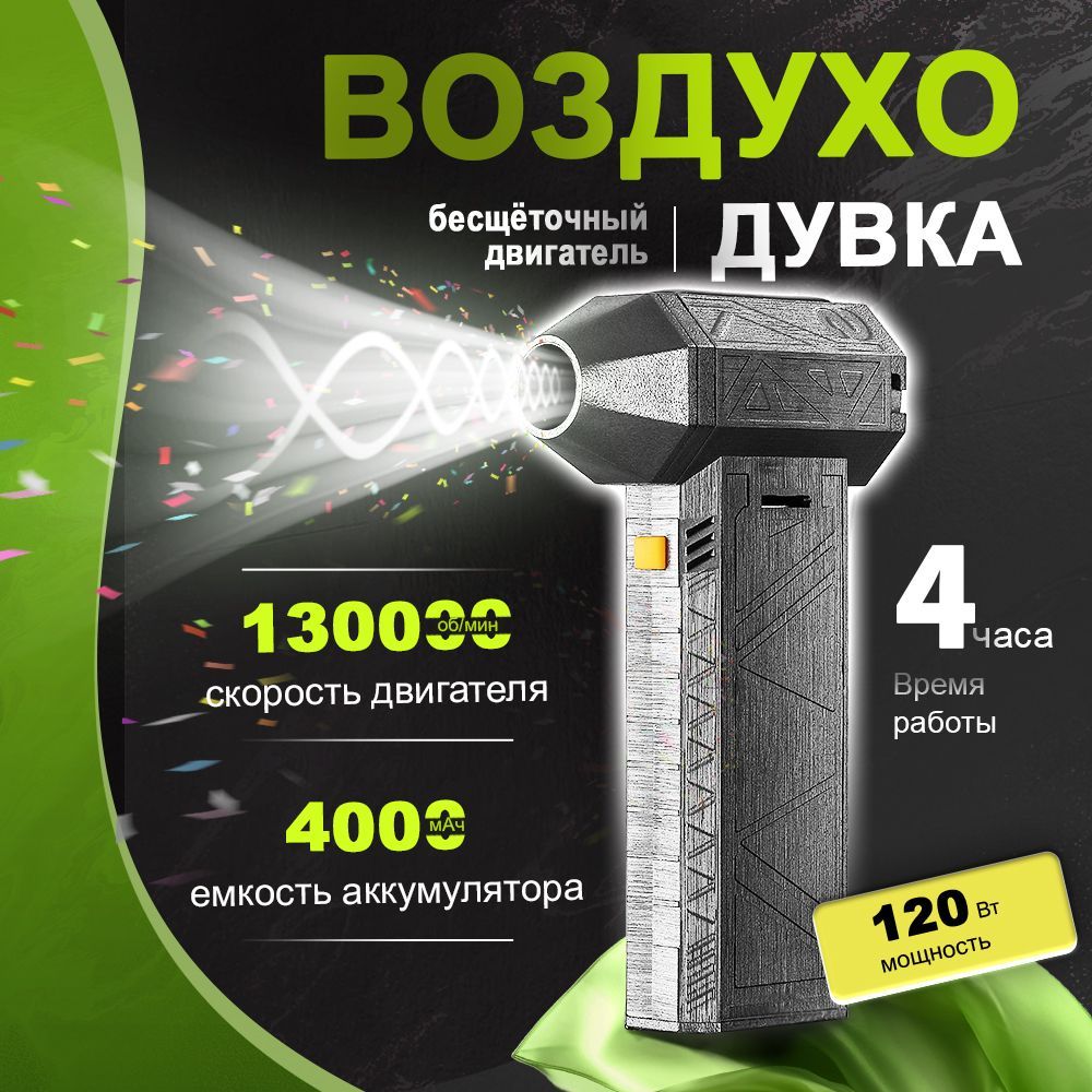 Воздуходувка портативная, ветродуйка аккумуляторная, турбовентилятор 130000/ турбо вентилятор 4000 мАч.