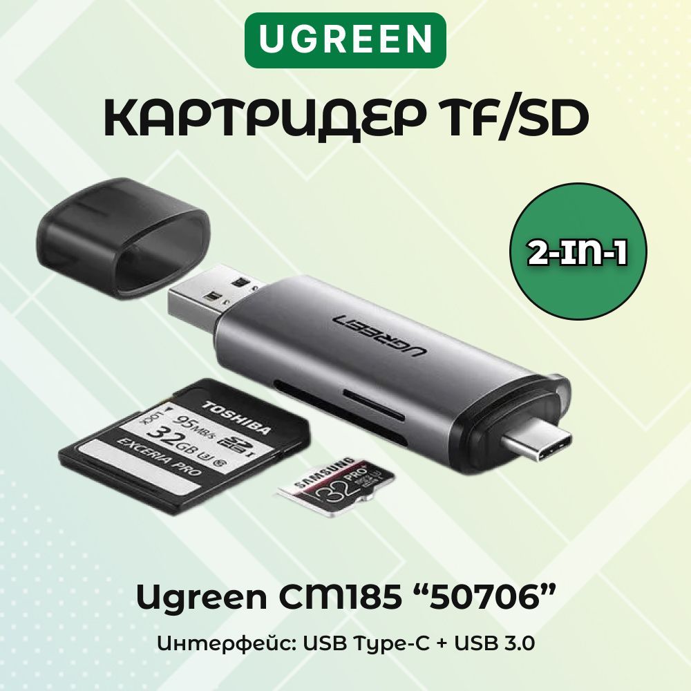 Картридер Ugreen USB-C + USB-A 3.0 для карт памяти TF/SD (50706)