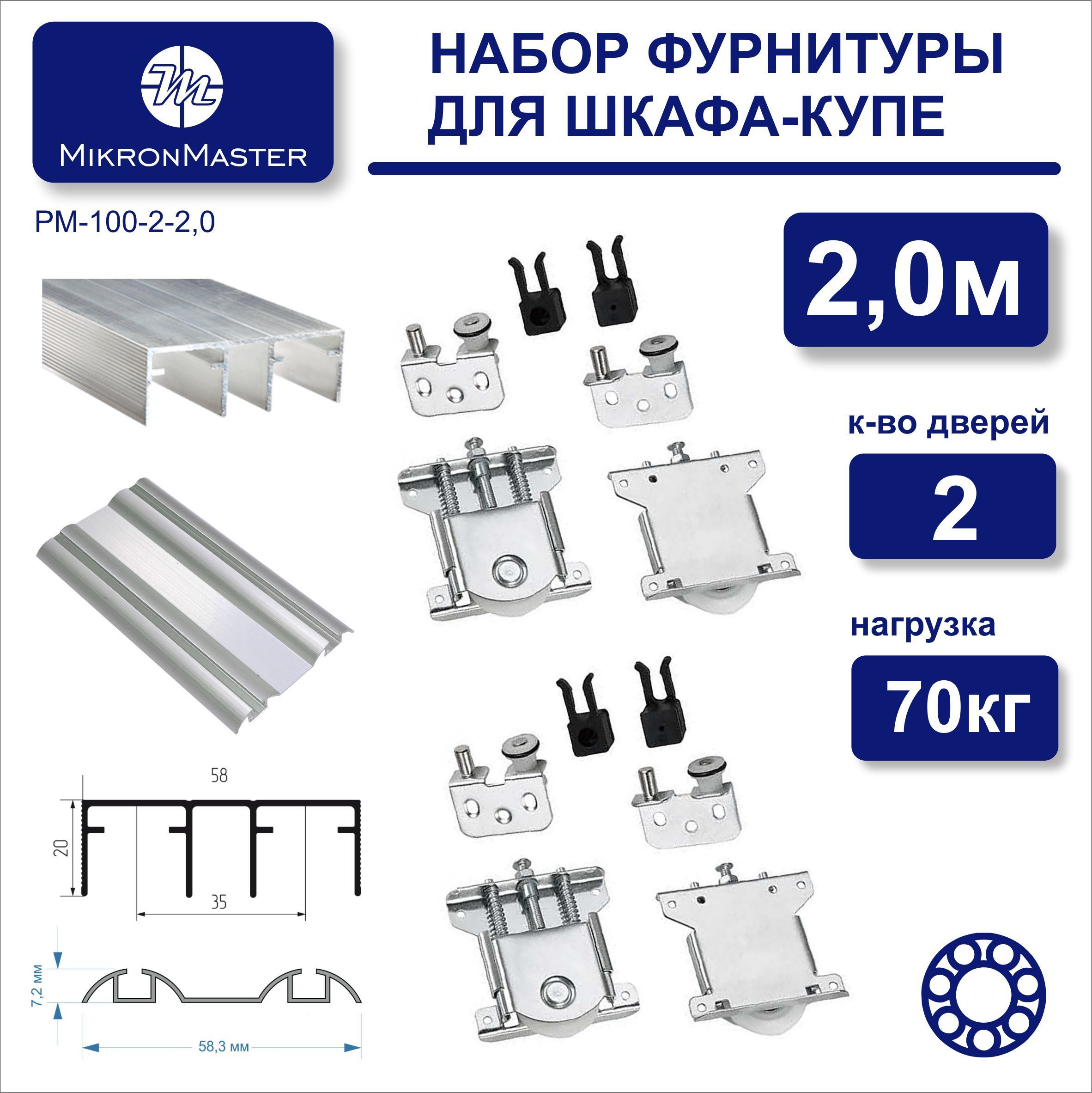 Комплектроликовинаправляющихдляраздвижныхдверейшкафа-купе(длина2метра,на2двери)