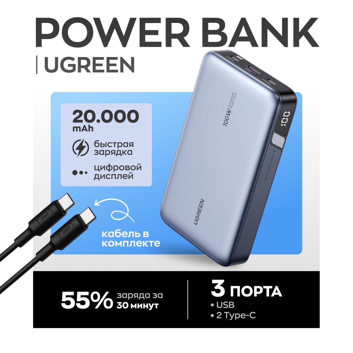 ПовербанкPowerbank20000mah100WсбыстройзарядкойUGREENPB720.Внешнийаккумуляторпортативныймощный,серый