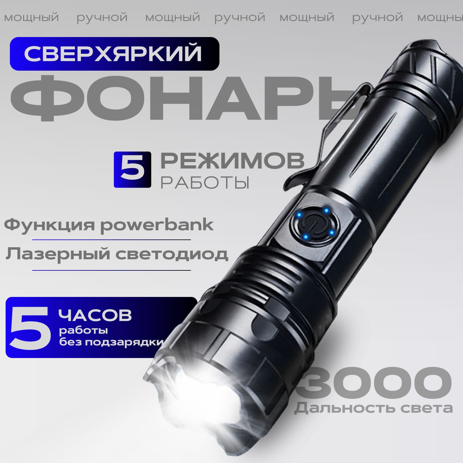 Дальнобойныйфонарик,фонарьаккумуляторныйсветодиодныйсзумомиpowerbank(LED,карманный,ручной,мощный,поисково-розыскной),металлическийкорпус,ударопрочный