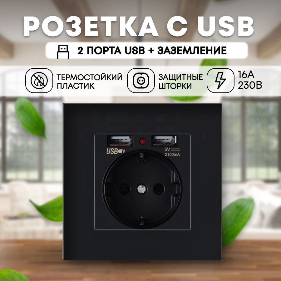 РозеткаUSBчернаясзаземлением