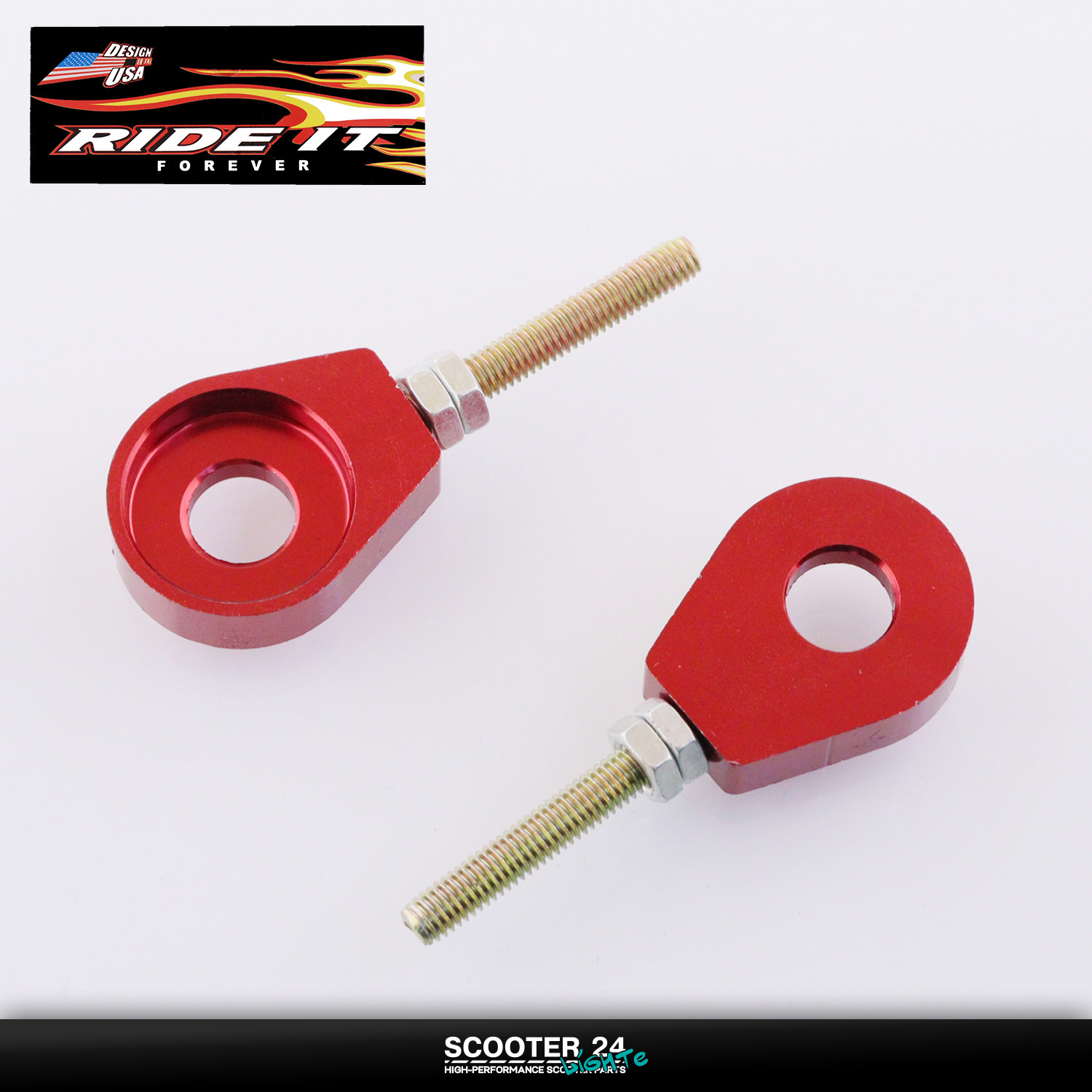 Натяжитель приводной цепи трансмиссии заднего колеза 12 мм (красный) "RIDE IT" на мотоцикл / питбайк универсальный