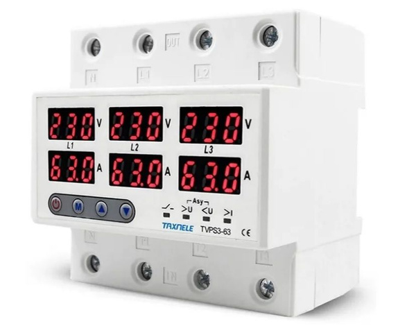 Цифровое трёхфазное реле напряжения TVPS3-63 с защитой от перегрузки по ...