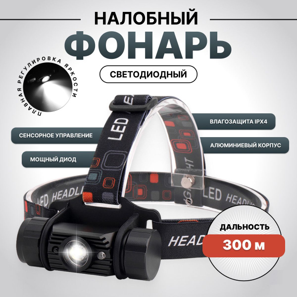 Фонарь налобный Type C сенсорный 18650 с плавной регулировкой яркости ...