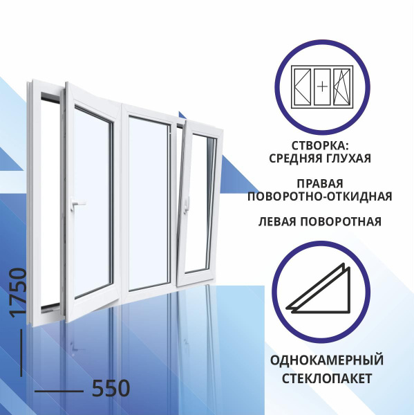 Окно ПВХ однокамерное 1750x550 мм трехстворчатое: средняя створка ...