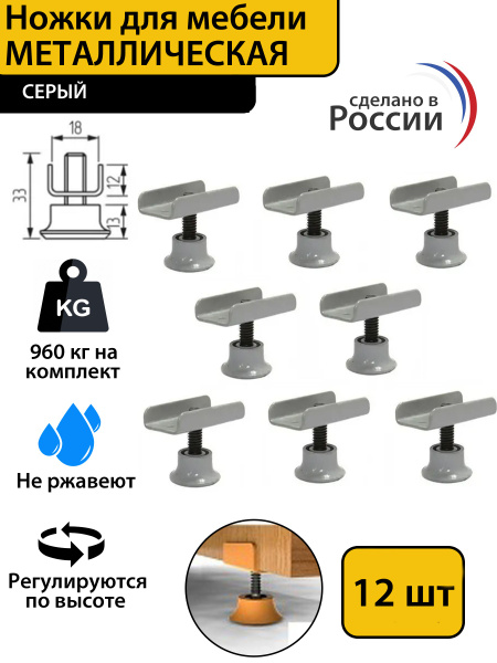 Опора мебельная регулируемая под ЛДСП металлическая 12-30мм М8, серый ...