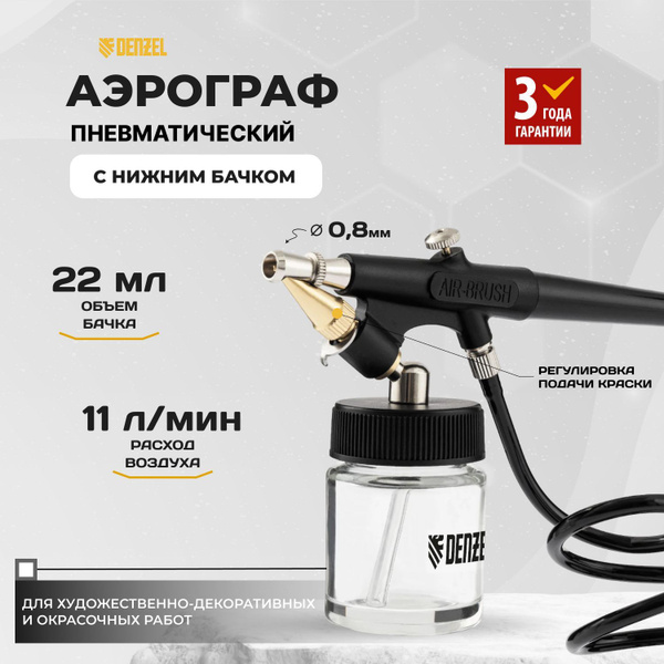 Аэрограф с нижним бачком AB2, 0,8 мм, 22 мл, 11 л/мин Denzel купить на ...