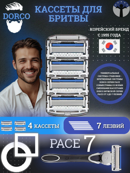 DORCO Сменные кассеты PACE7, 7 лезвий, крепление PACE, увлажняющая ...