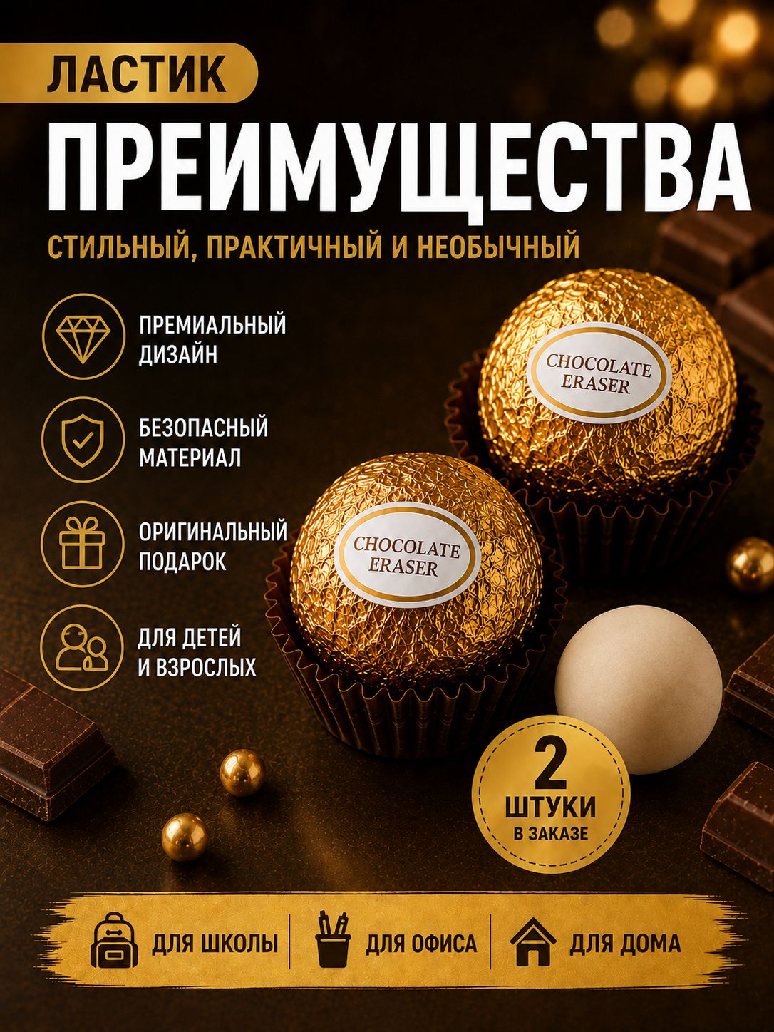Для школы и творчества. Ластик-шар в виде шоколадной конфеты, 2 шт.