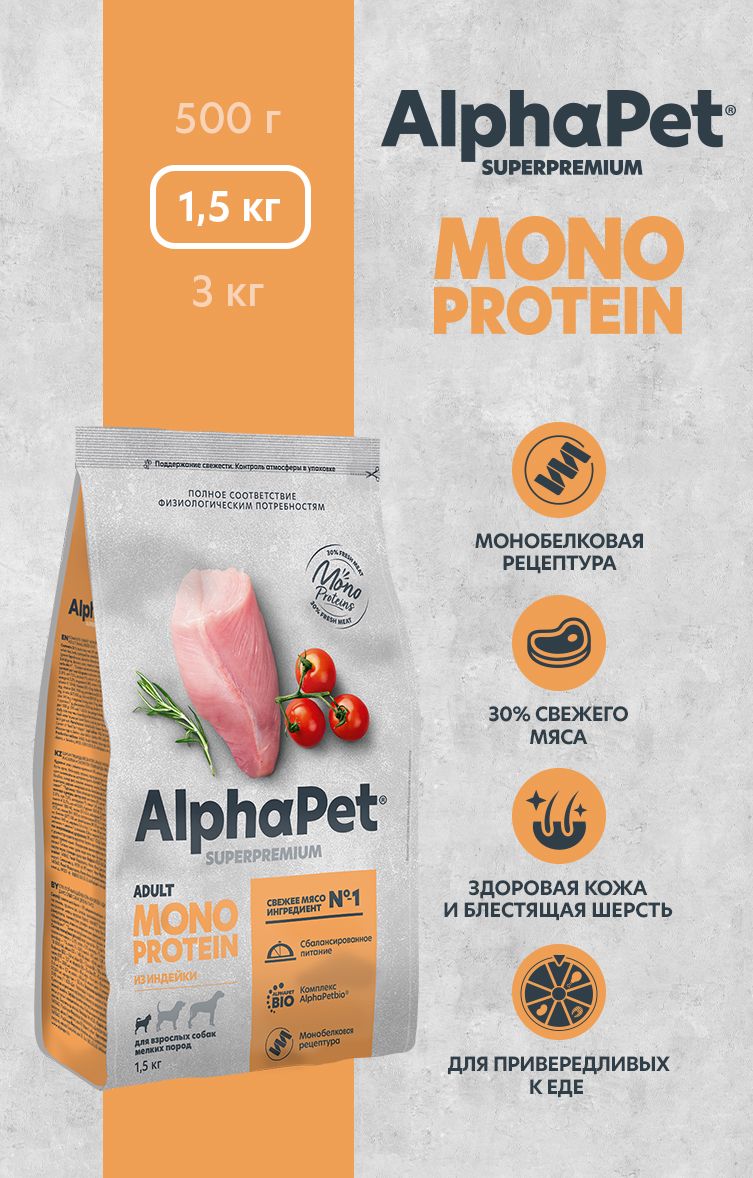 Сухой полнорационный корм холистик MONOPROTEIN из индейки для взрослых собак мелких пород AlphaPet Superpremium 1,5 кг