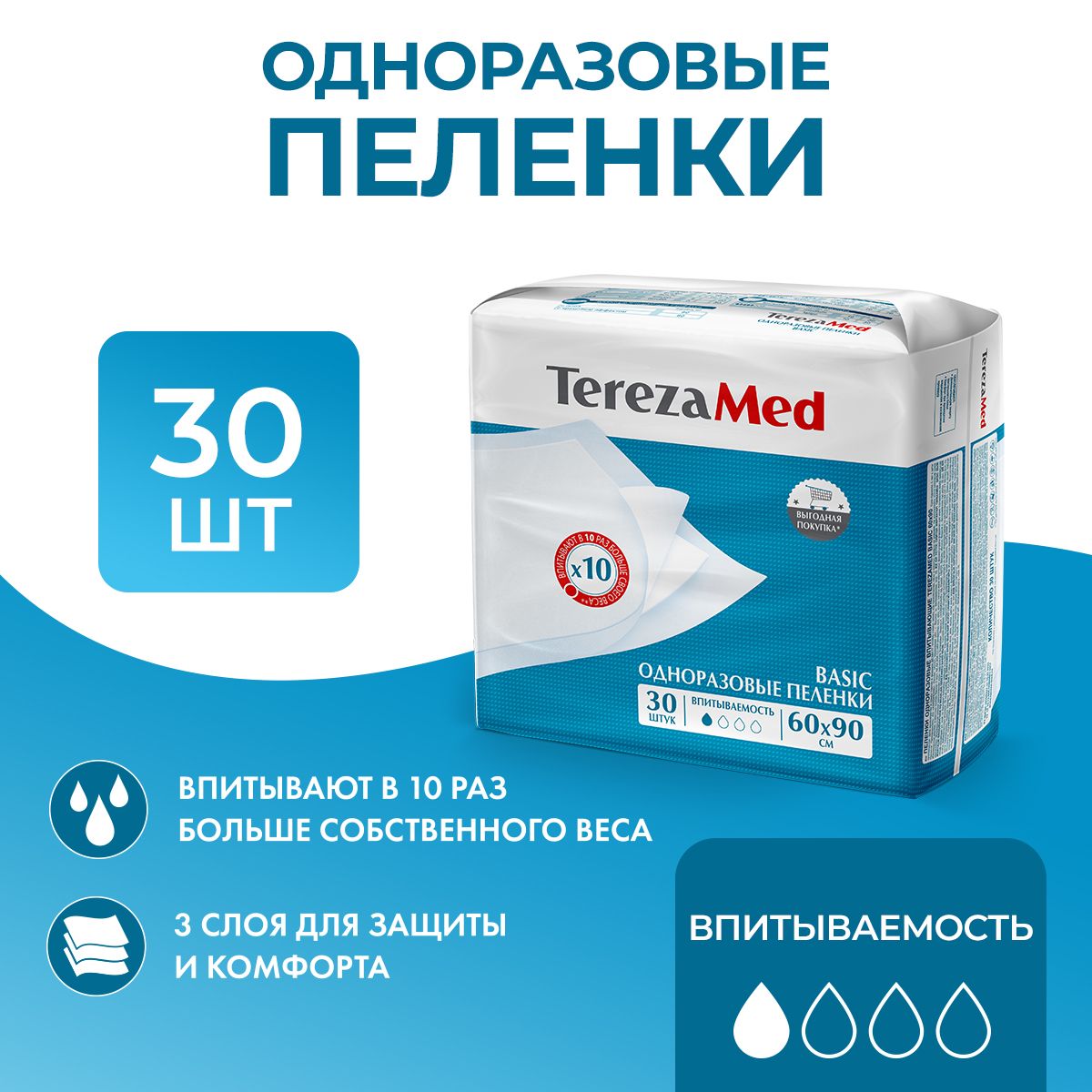 Пеленки одноразовые TerezaMed Basic 60x90, 30 шт