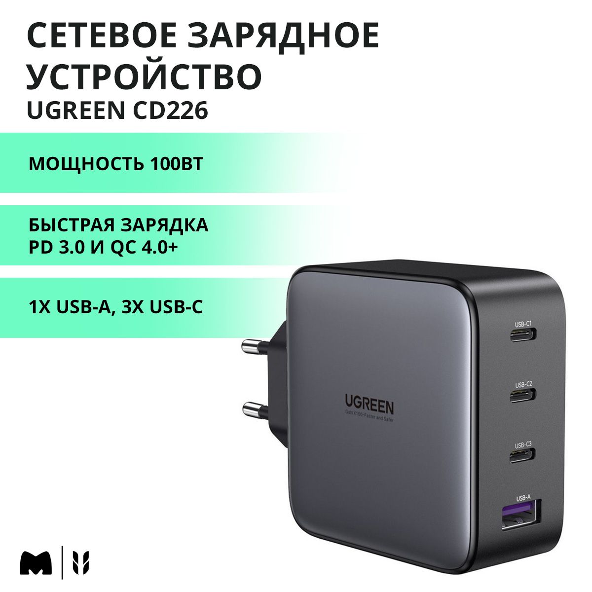 Сетевое зарядное устройство 100Вт UGREEN CD226 / 1xUSB-A, 3xUSB-C / Быстрая  зарядка PD 3.0, GaN / цвет серый космос (40747)