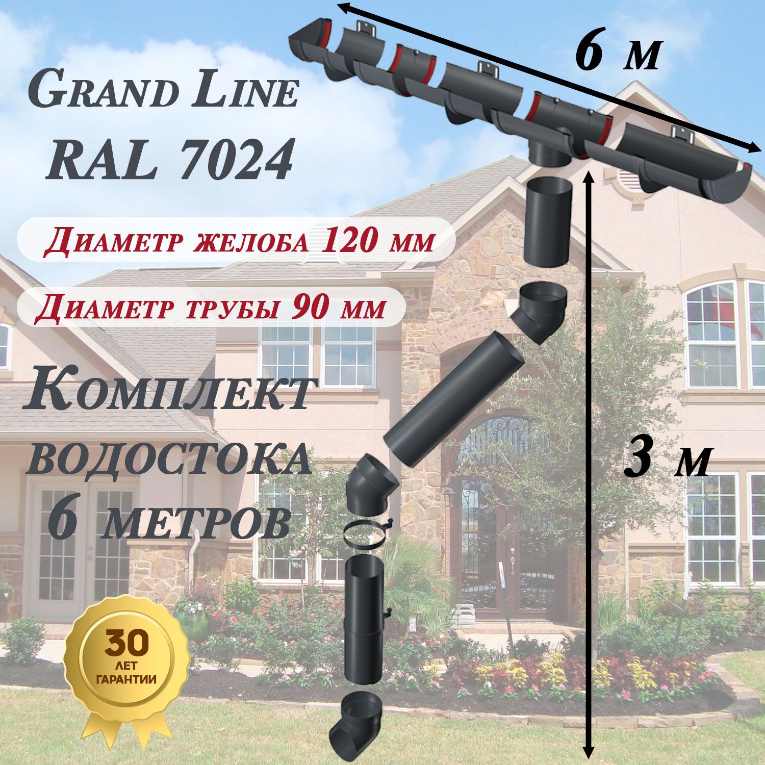 Водосточная система Grand Line 6 м ( 120мм/90мм ) графит RAL 7024 водосток для крыши пластиковый Гранд Лайн ( серый ) комплект ПВХ