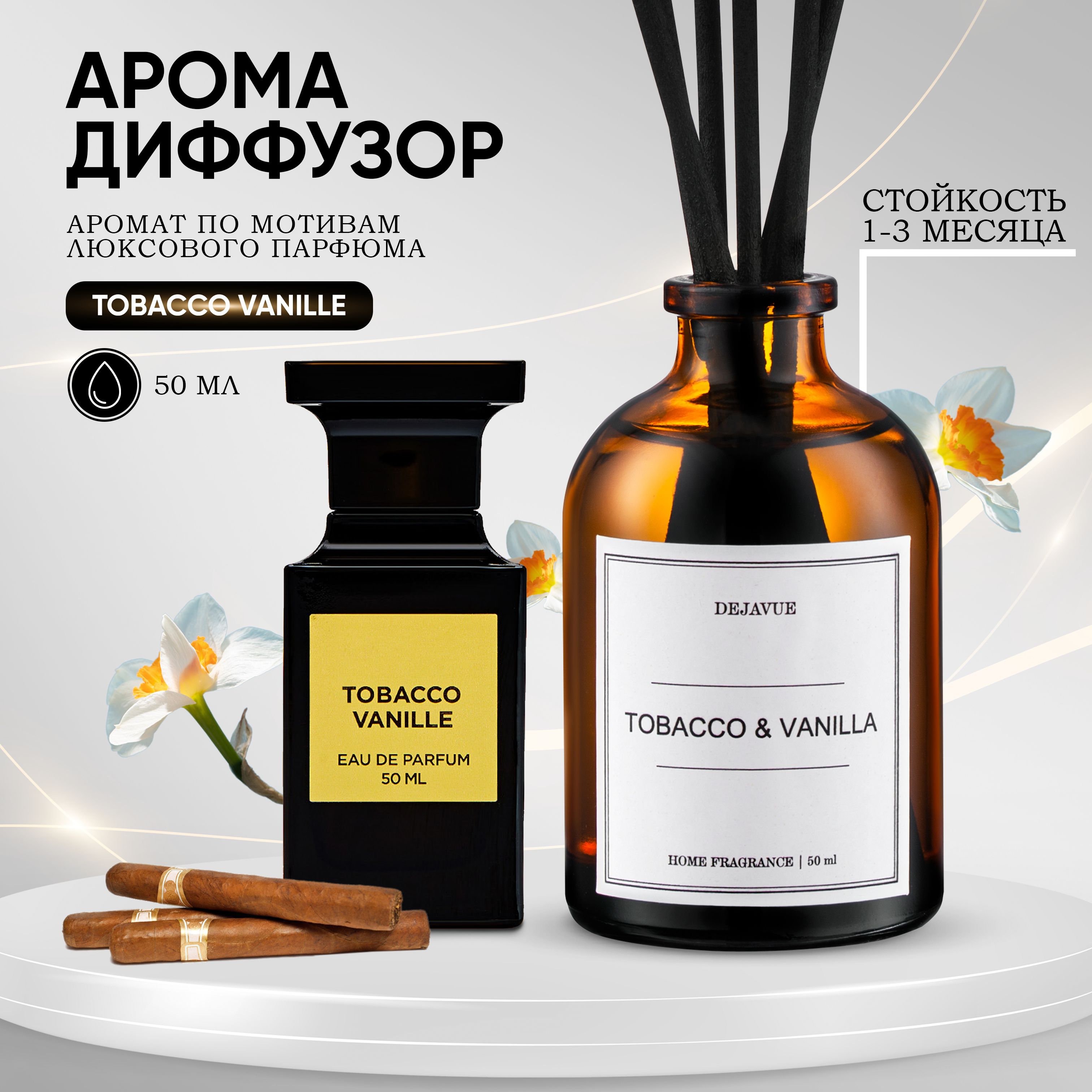 Ароматический диффузор Dejavue Tobacco & vanilla / ароматизатор для дома с  палочками 50 мл