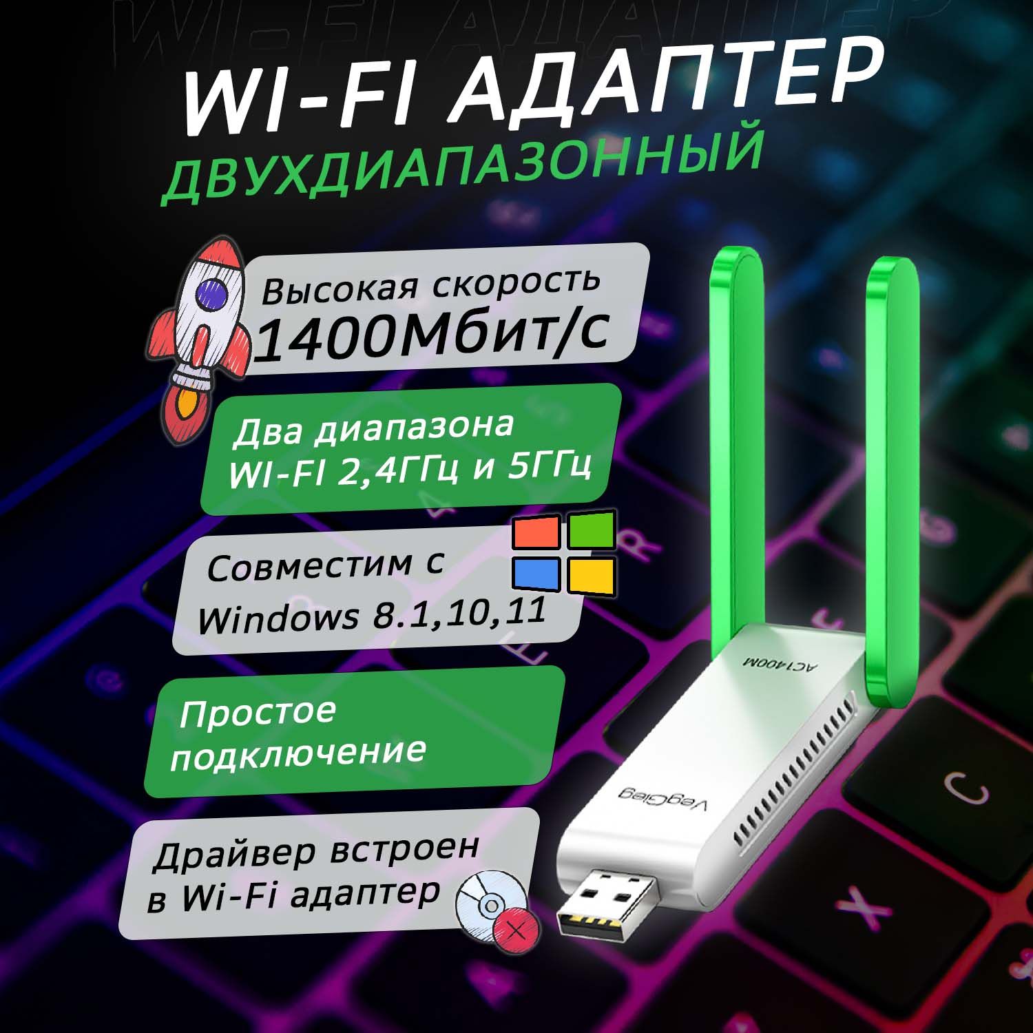 WEBWAVEWi-Fi-адаптерWi-FiАдаптердвухдиапазонный2,4GHz-5GHz1400Mbps