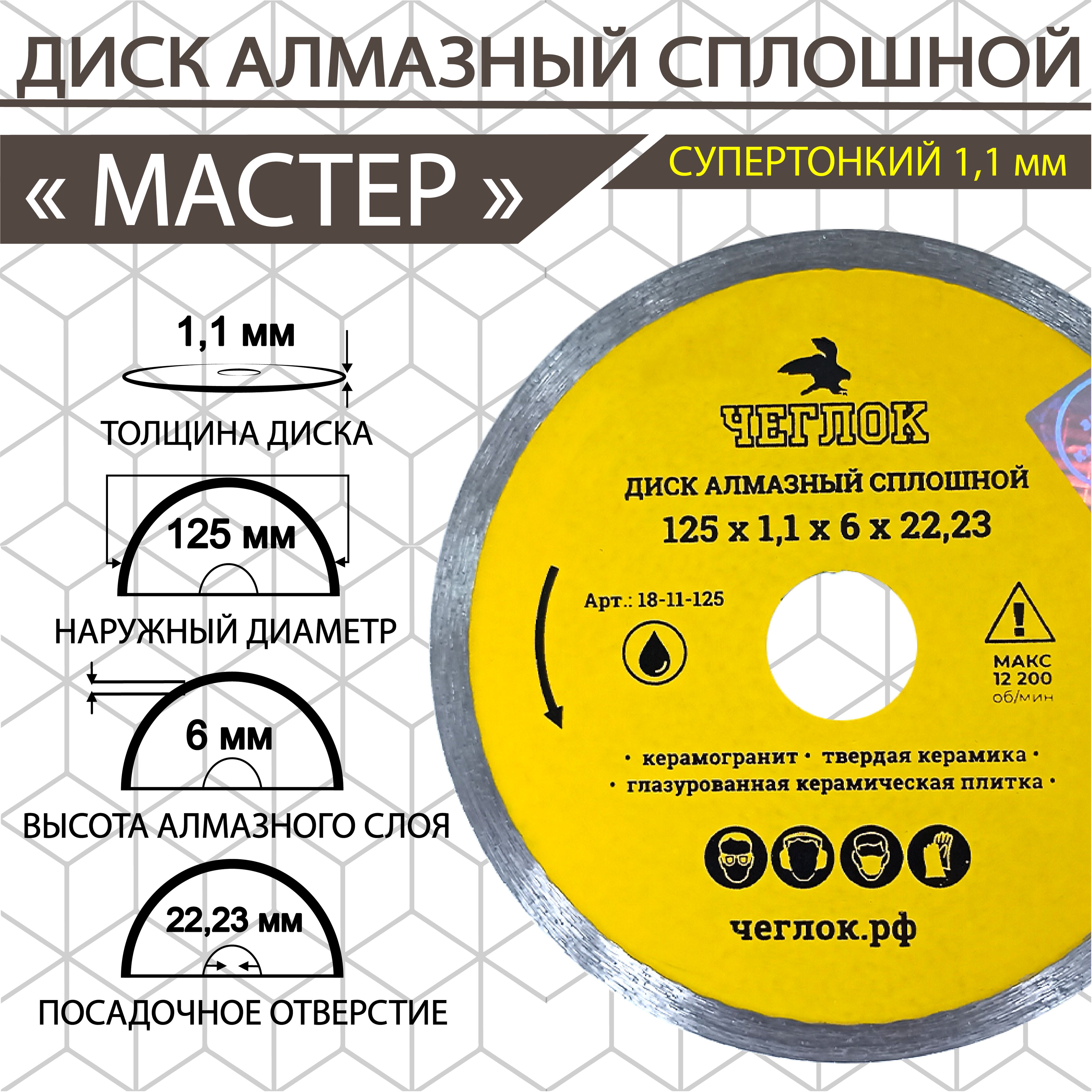 Диск алмазный сплошной супертонкий "Мастер" 125х1.1х6х22,23 мм, Чеглок