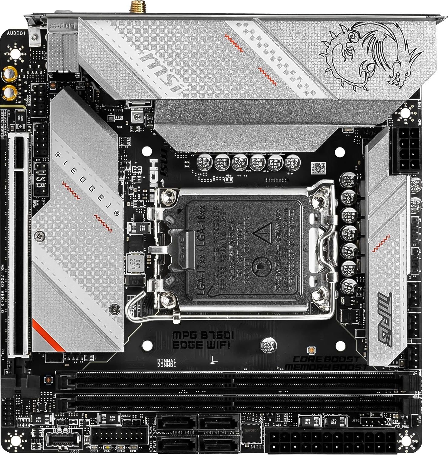 МатеринскаяплатаMSIMPGB760IEDGEWIFISoc-1700IntelB7602xDDR5mini-ITXAC978ch(7.1)GbLAN+H