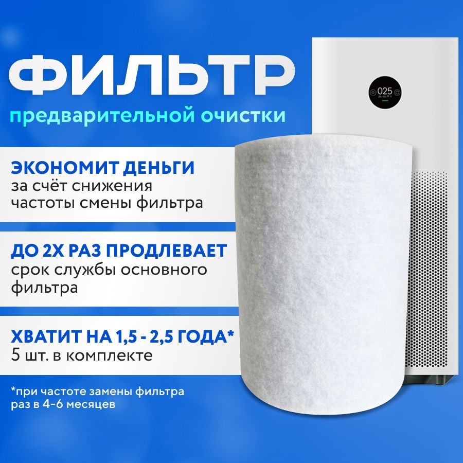 ФильтрдляочистителявоздухаXiaomimiairpurifier2,2S,2Hпредварительнойочистки,одноразовый5шт.(Префильтр).