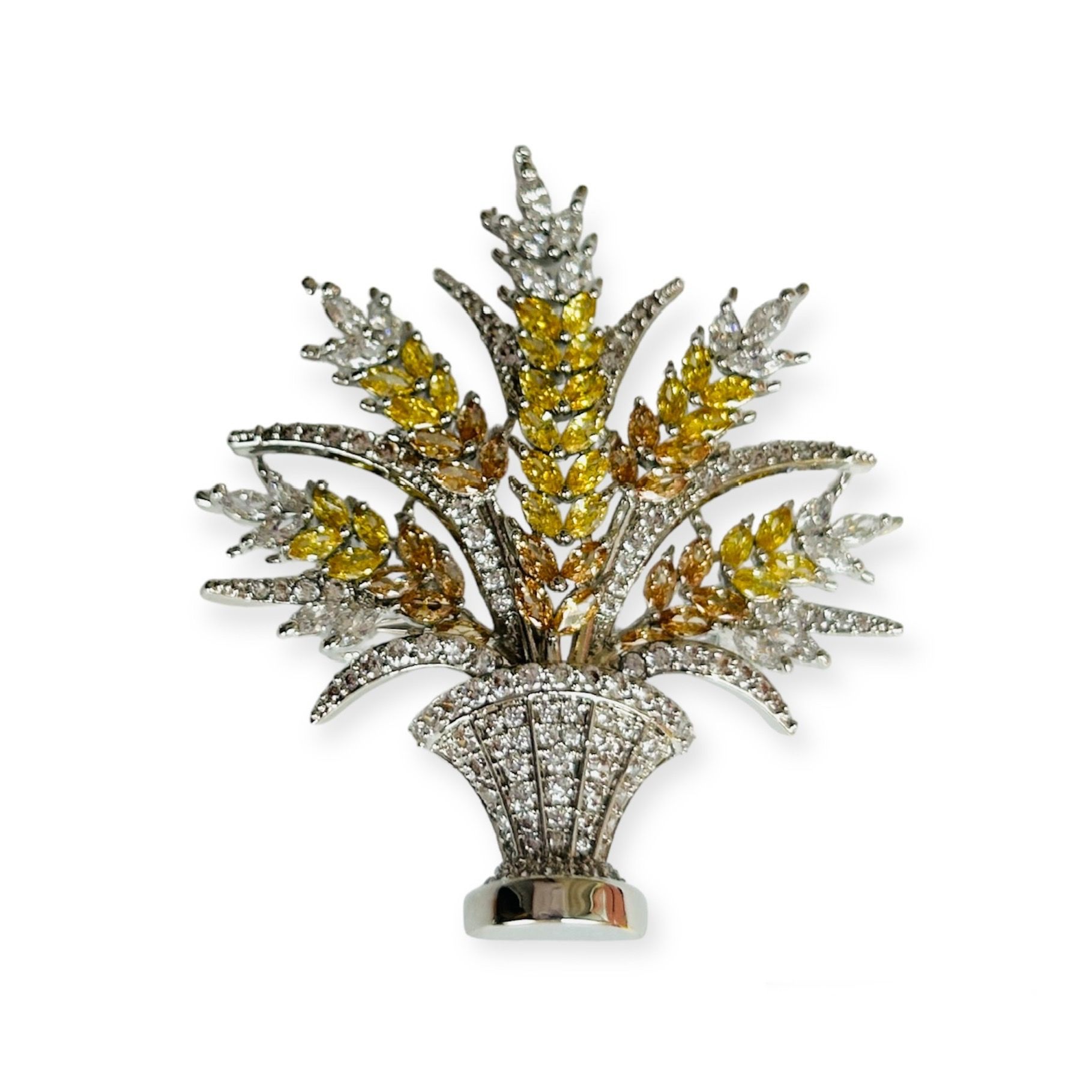 Брошь Премиальная "Превосходный Серебристый Букет Пшеничных Колосьев в Вазе Усыпанный Сверкающими Цитриновыми и Хрустальными Кубическими Цирконами"