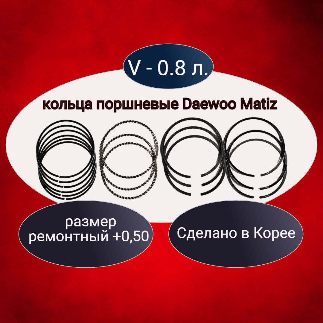 Кольца поршневые для Daewoo Matiz V-0.8 1,0 Aveo V-1.2 ремонтные + 0.50