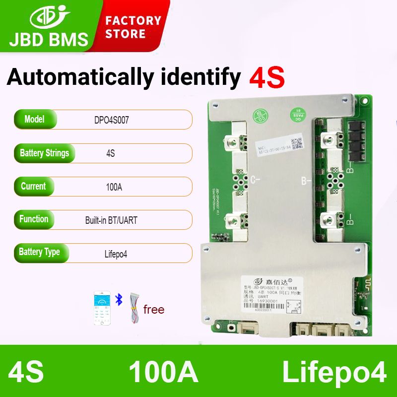 4SLifepo4100ABT,Uartcommunicationfunction)JBDBMS100A3-4S12VПоддержканепрерывноготока100Aпиковый300AВстроенныйBluetoothсфункциейбалансировкиUART