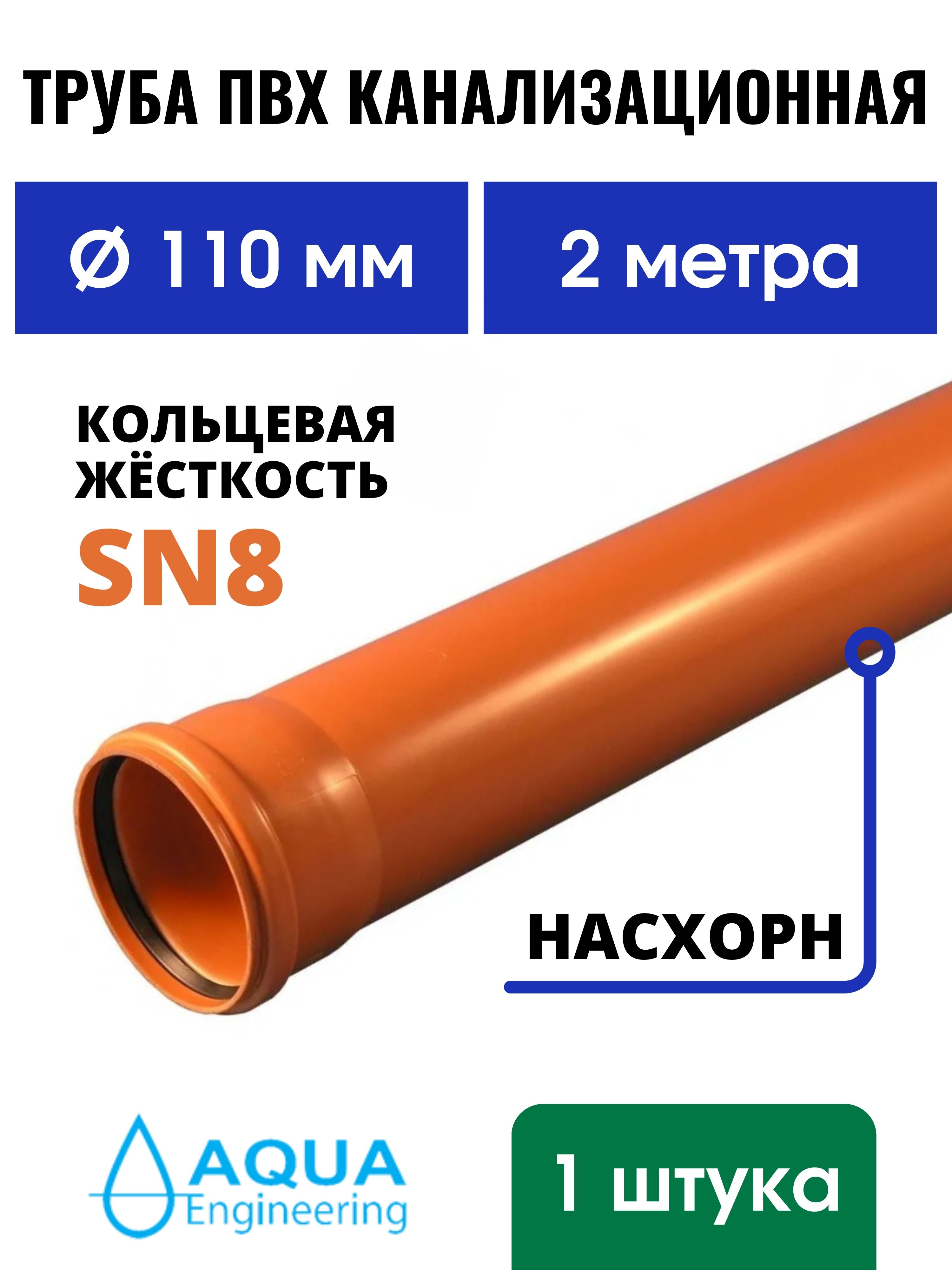 ТрубаПВХканализационная110мм.,наружная,длина2метра,НасхорнSN8(1шт.)