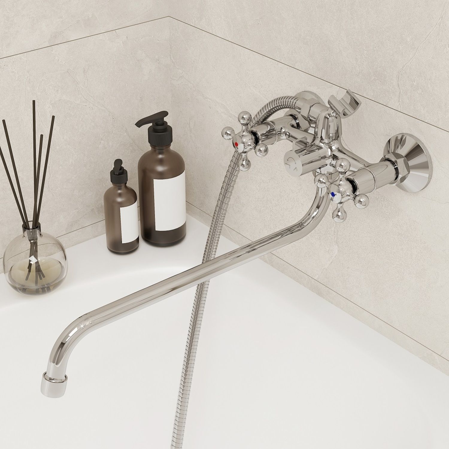 Фото товара на маркетплейсе ozon Смеситель для ванны с душем, с длинным изливом, латунь, Milardo Duplex, DUPSB02M10