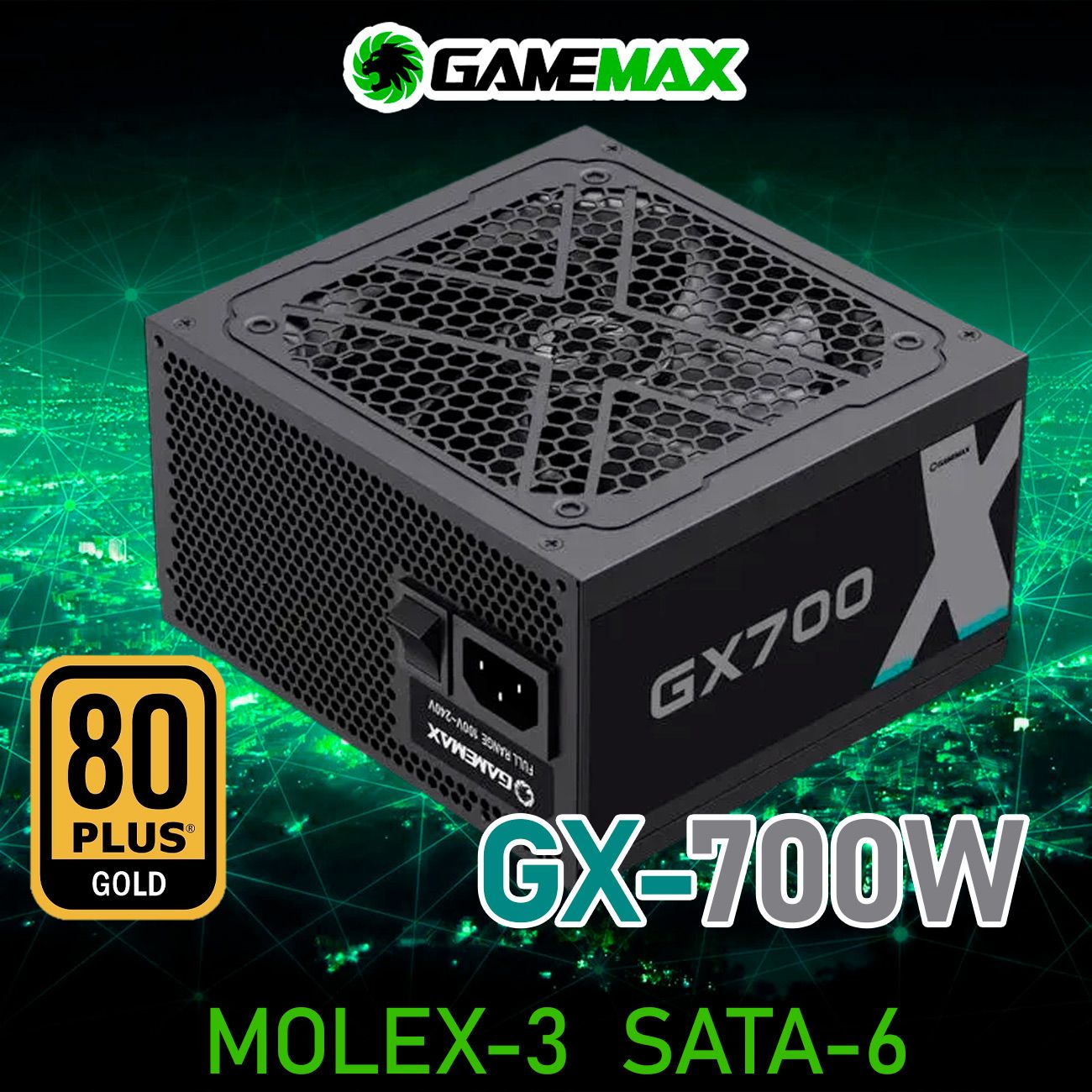 БлокпитанияGameMaxGX-700(Черный700W80+Gold120мм20+4pin2*4+4pin(CPU)4*6+2pin(PCI-E)6*SATA3*MOLEX)