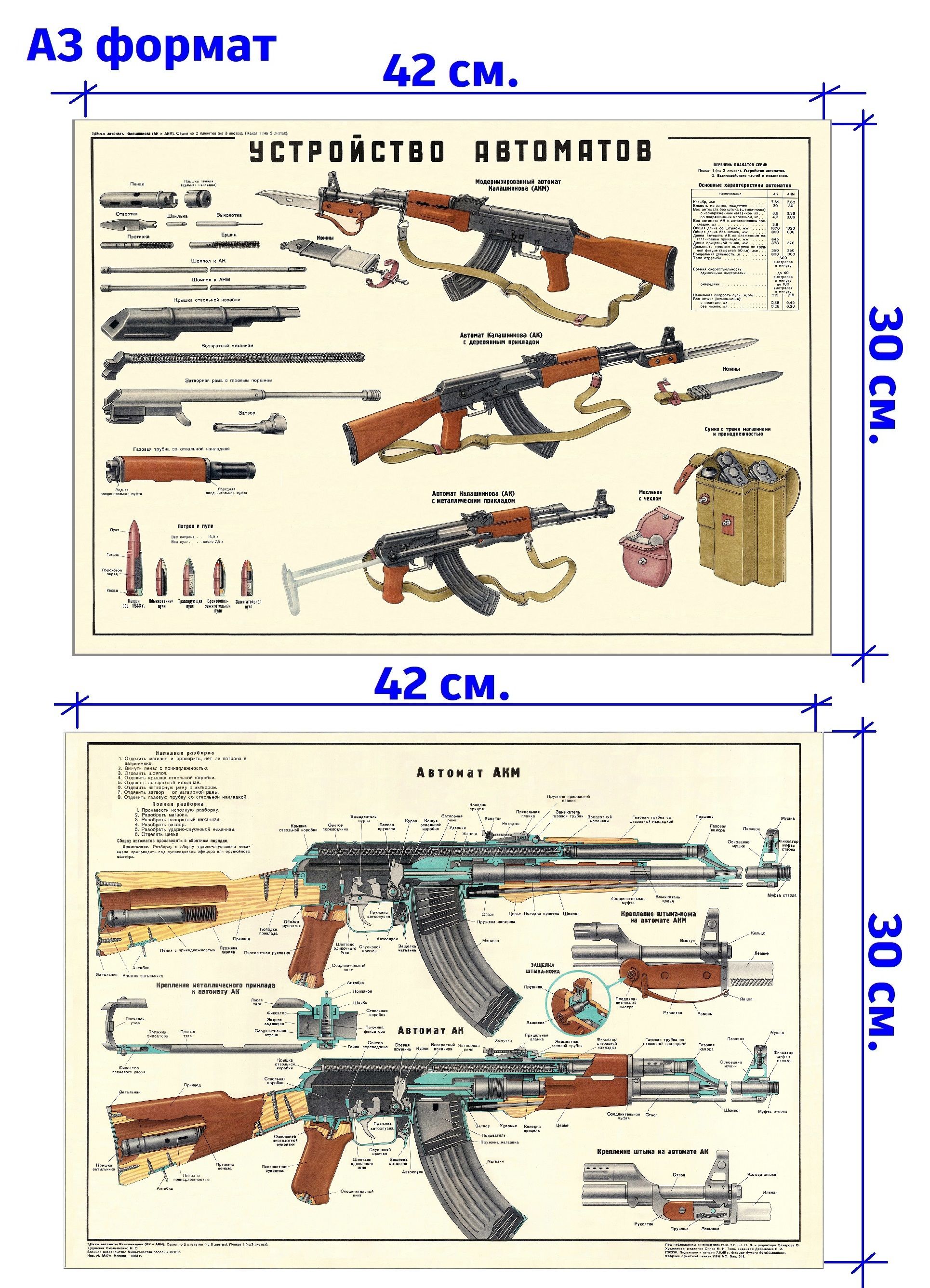 КБК-постер Постер "Автоматы Калашникова (АК и АКМ) 7,62 мм. - устройство, 1965 г . СССР - редкий советский плакат - 2 плаката (комплект). Комплект_009.", 30 см х 30 см