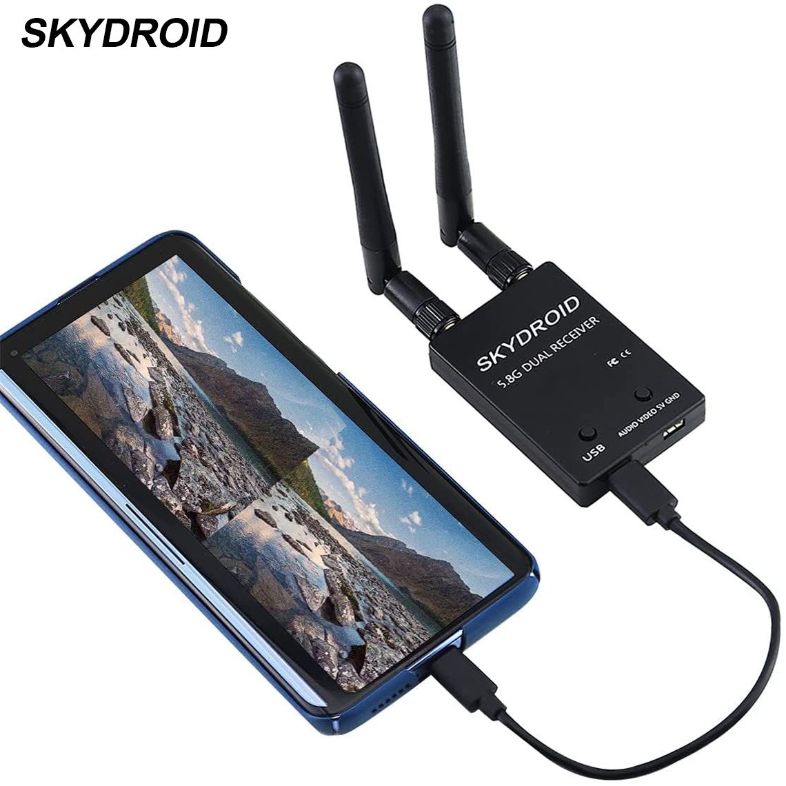 SKYDROIDFPVприемник5.8GDualOTG150CHVideoDownlinkReceiverДвойнаяантеннадляAndroidPhonePCMonitor(черный)