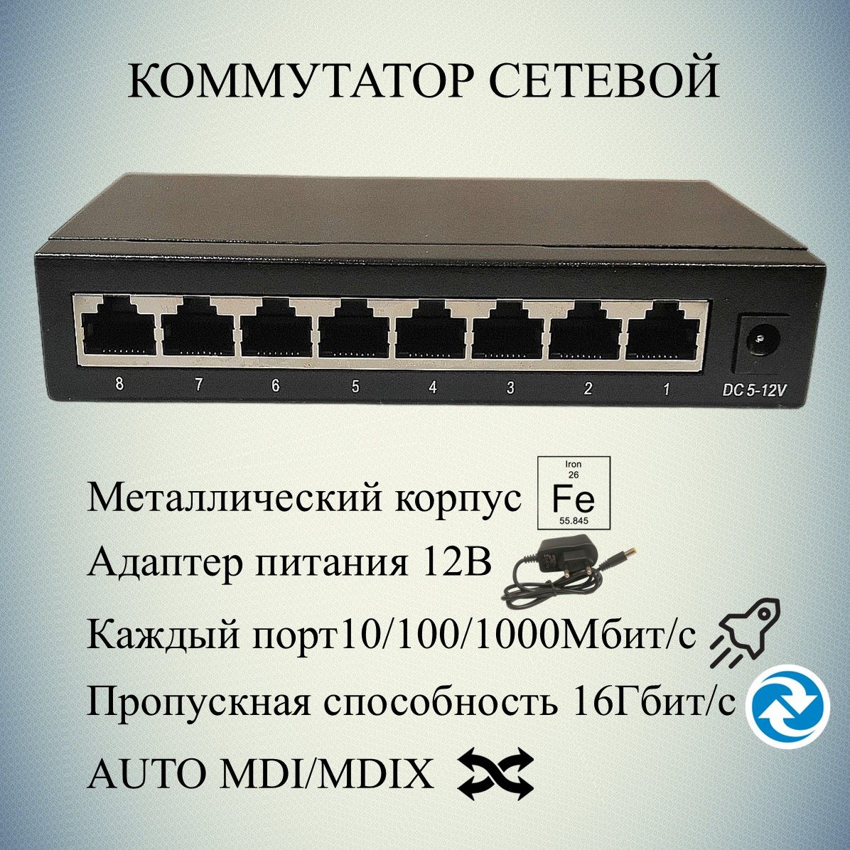 YDAКоммутаторсетевойсвитч8портов,скоростьпортов10/100/1000Мбит/с,металлическийкорпус,мощныйадаптер12В,черный