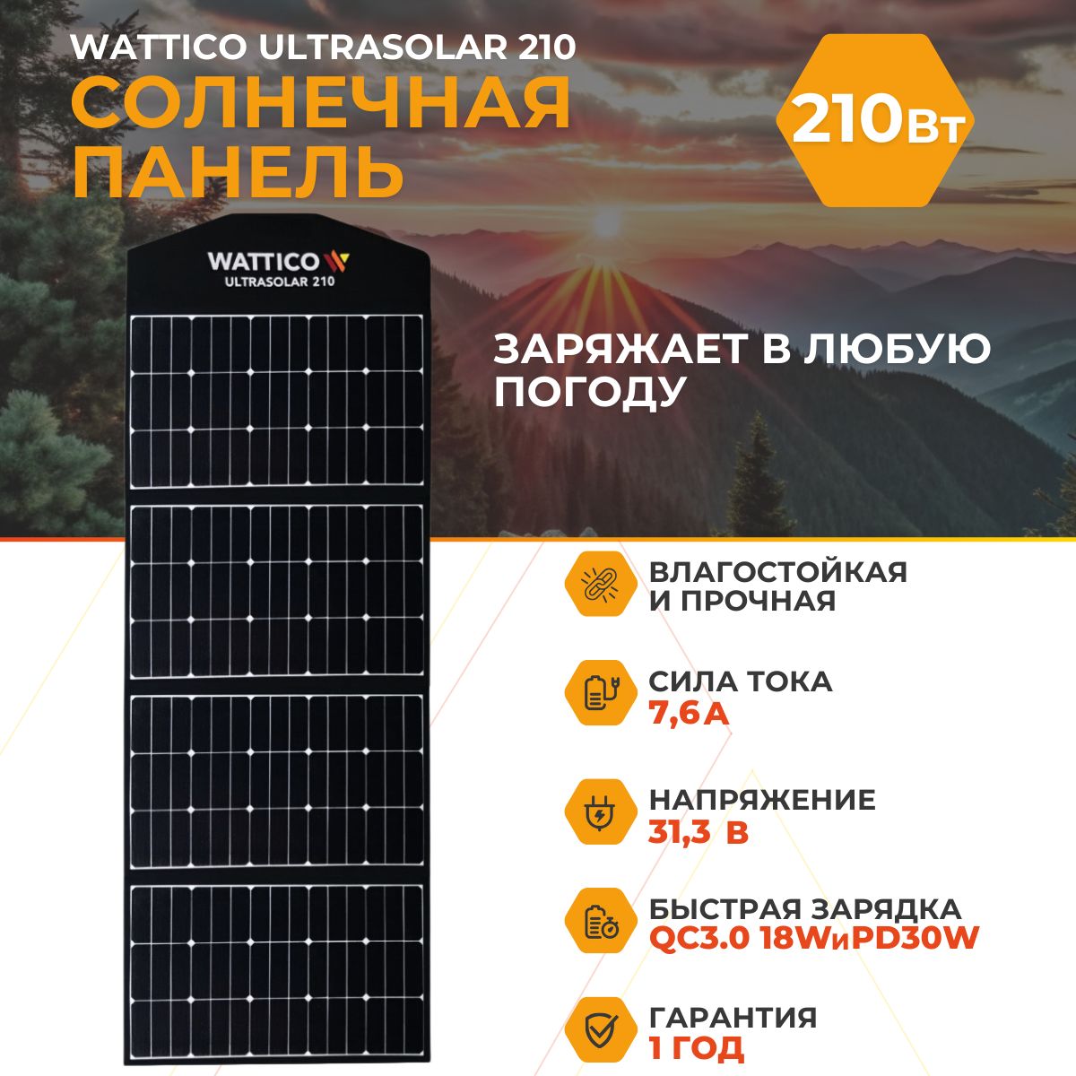 Портативная солнечная батарея панель Wattico Ultrasolar 210Вт