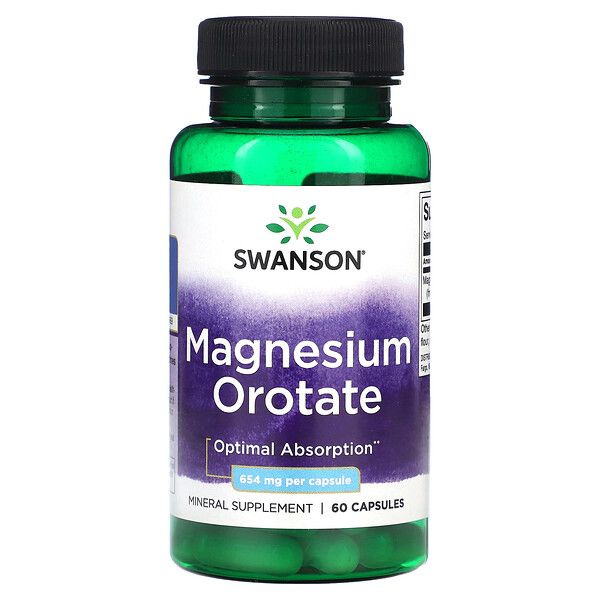 Swanson, Magnesium Orotate 654 mg, Магний оротат для нервной системы, мышц, костей, сердца и сосудов, 60 капсул