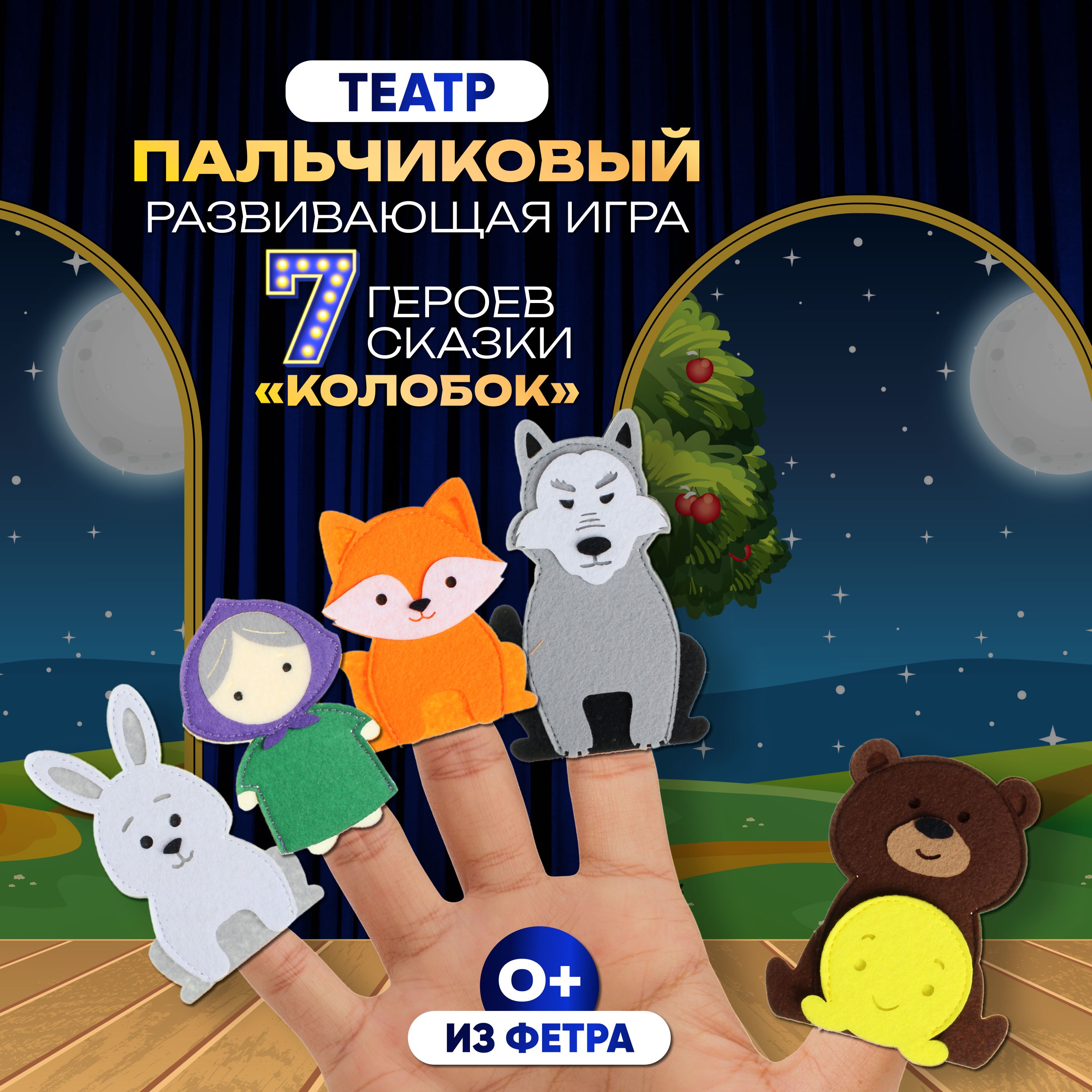 Пальчиковый театр "Колобок" Фетров/ Развивающая игрушка для детей/ Кукольный театр из фетра