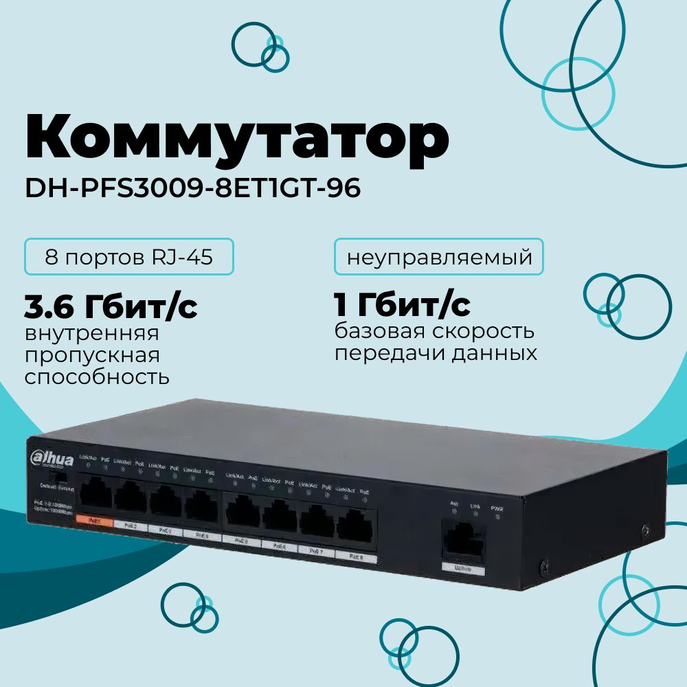 Коммутатор DAHUA PoE неуправляемый, DH-PFS3009-8ET1GT-96