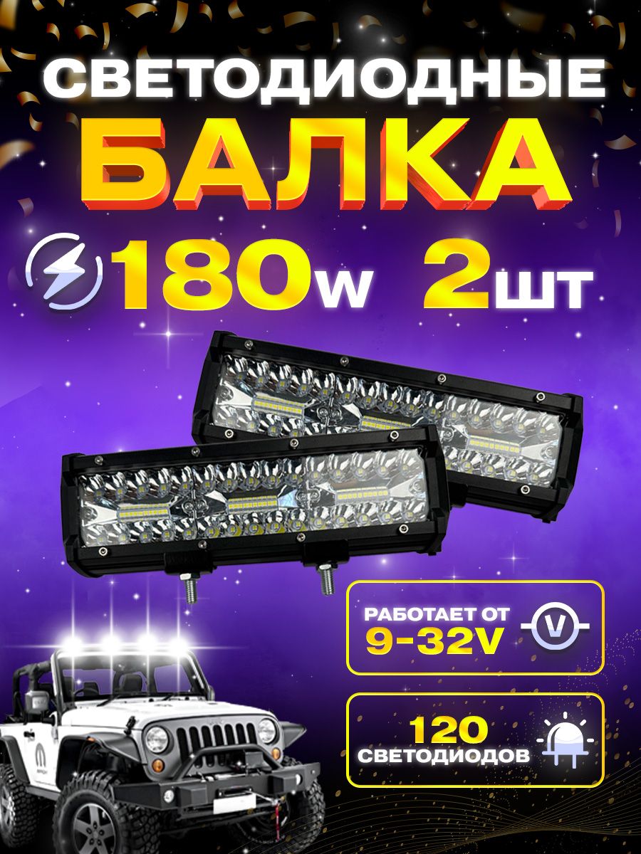 Балка фара светодиодная 180w. 2шт. 23,6см. 9v-32v. Комбинированный свет