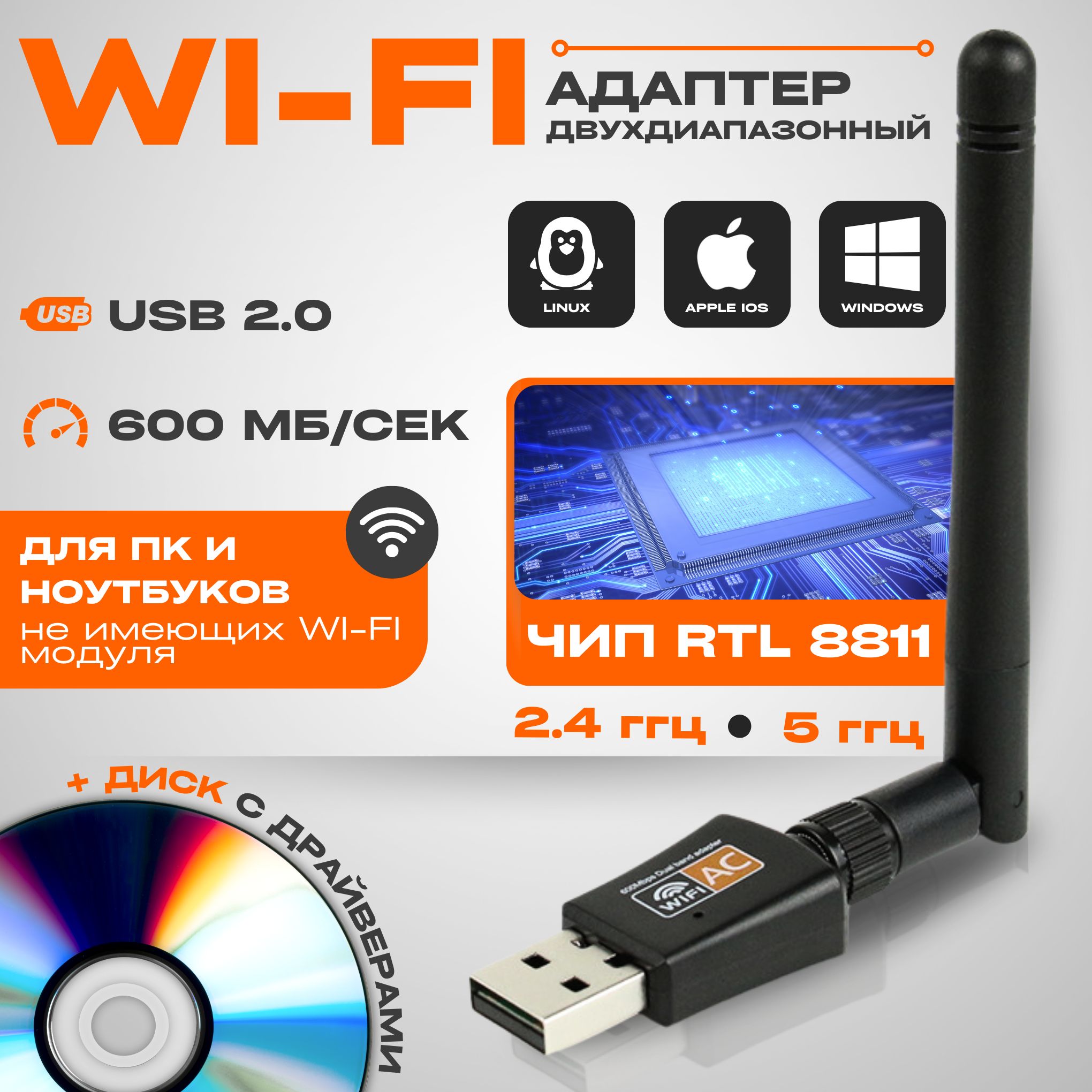 Wi-Fi адаптер 5 ГГц / 2.4 ГГц ; Usb wifi адаптер , двухдиапазонный, с антенной, 600Мбит/c