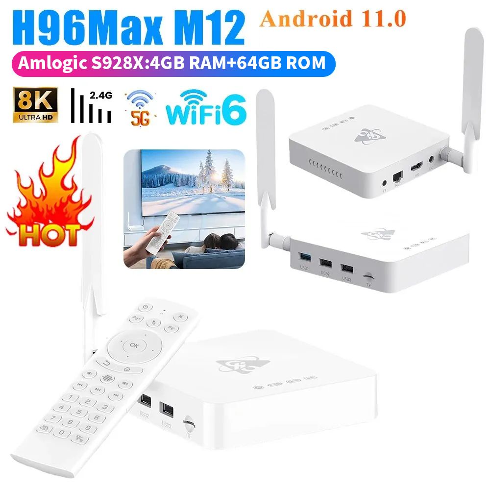 H96 MAX M12,Пятиядерный Android 11.0 WIFI 6 Bluetooth 5.4 8K 60 кадров LPDDR4,сетевая приставка для телевизора, сетевой проигрыватель 4k HD