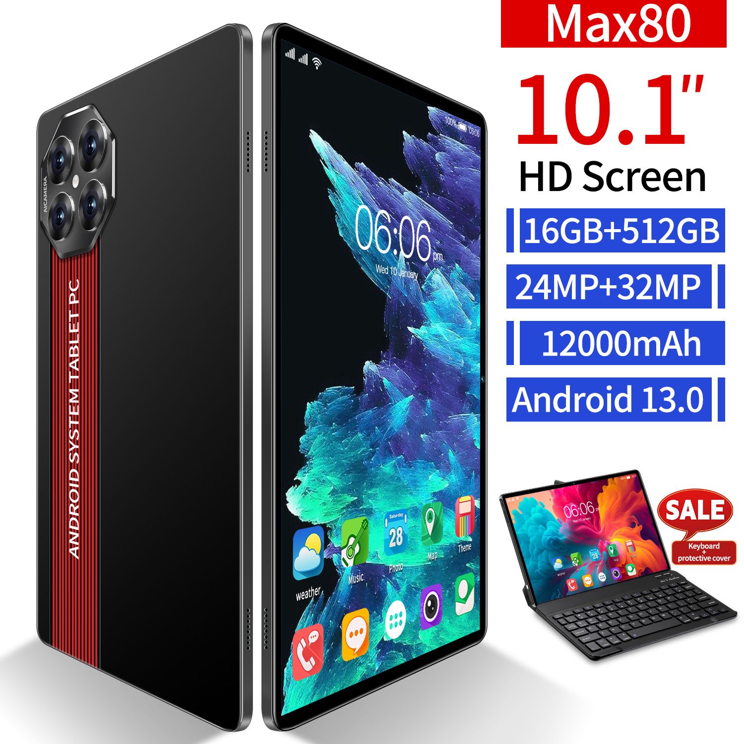 Планшет max80, 10" 512 ГБ/128 ГБ, черный