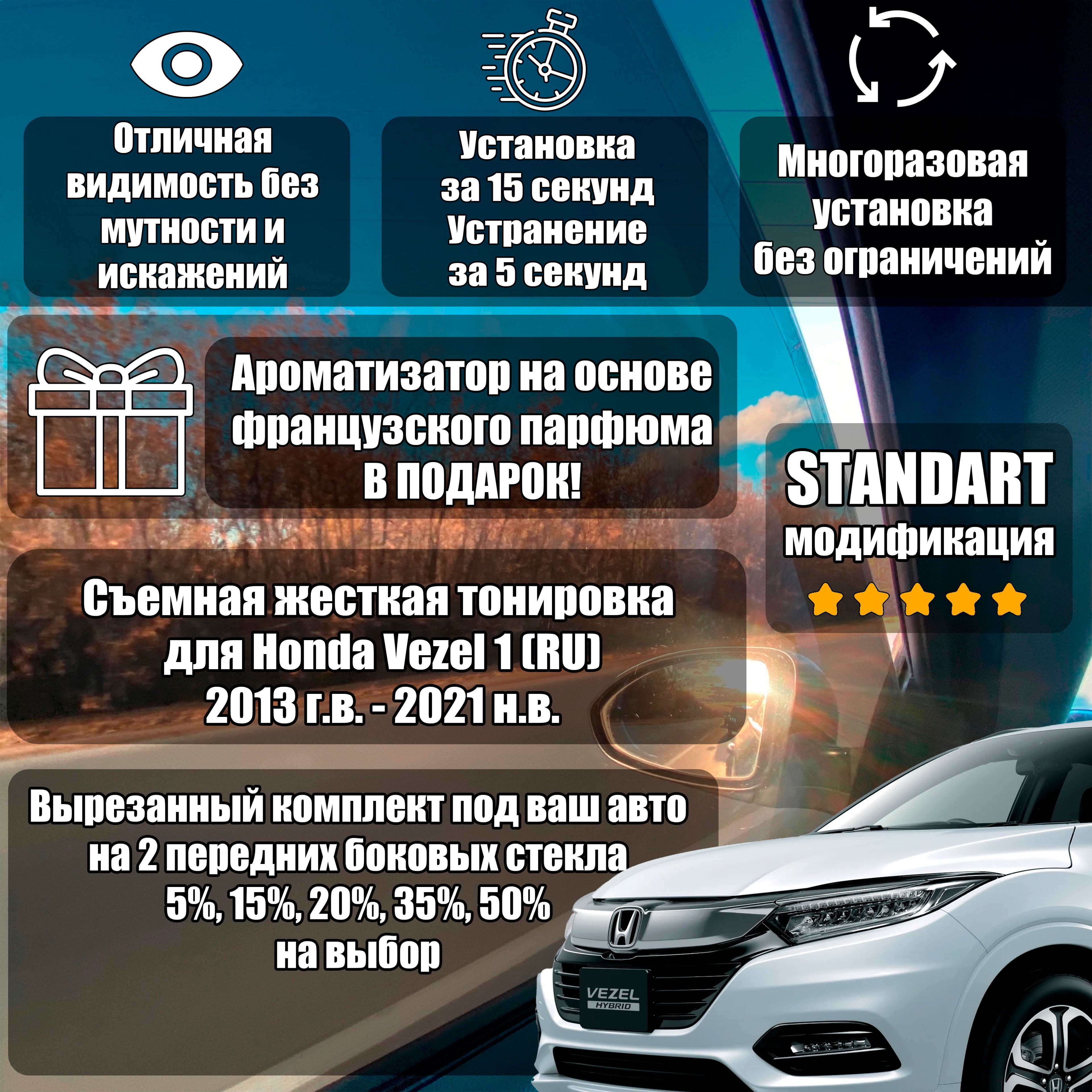 LION TONER / Жесткая тонировка для Honda Vezel 1 (2013-2021) RU 15%/Съемная тонировка Хонда Везел 1/Honda Vezel 1 RU 15%