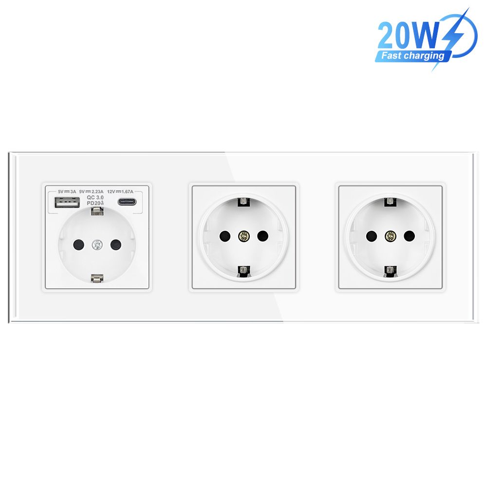 РозеткаэлектрическаятройнаясUSBиtype-Cвходами,быстраязарядка20W,рамказакаленноестеклоБелая