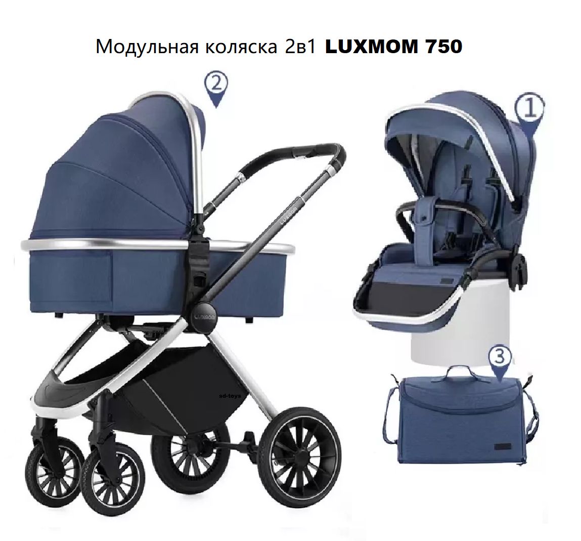 Модульная коляска 2в1 Luxmom 750,реверсивный блок/синий цвет