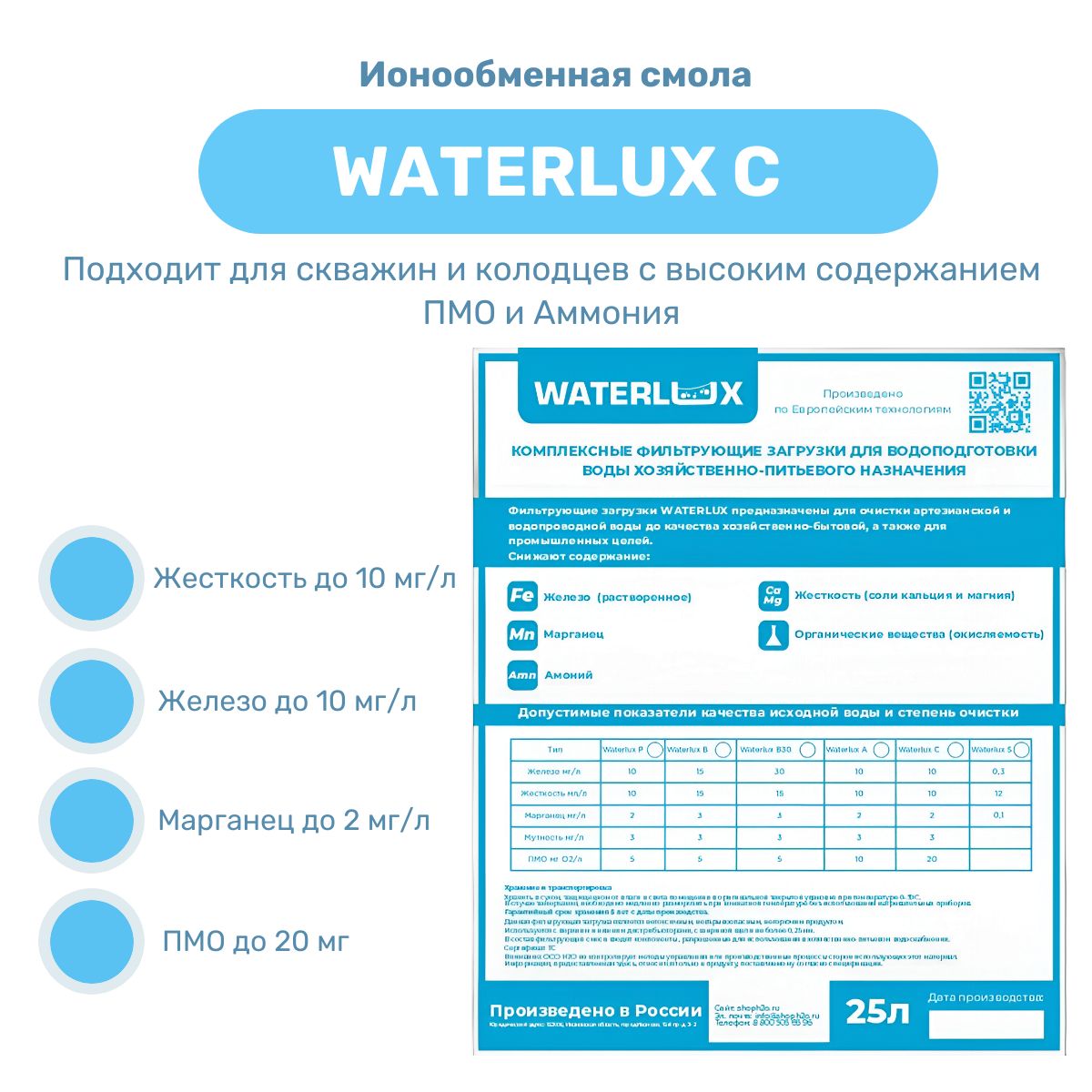 Waterlux C 25л универсальная фильтрующая засыпка, ионообменная смола, загрузка фильтра для воды для удаление железа, марганца, жесткости и органики ( Экотар С / Экомикс / Ультрамикс )