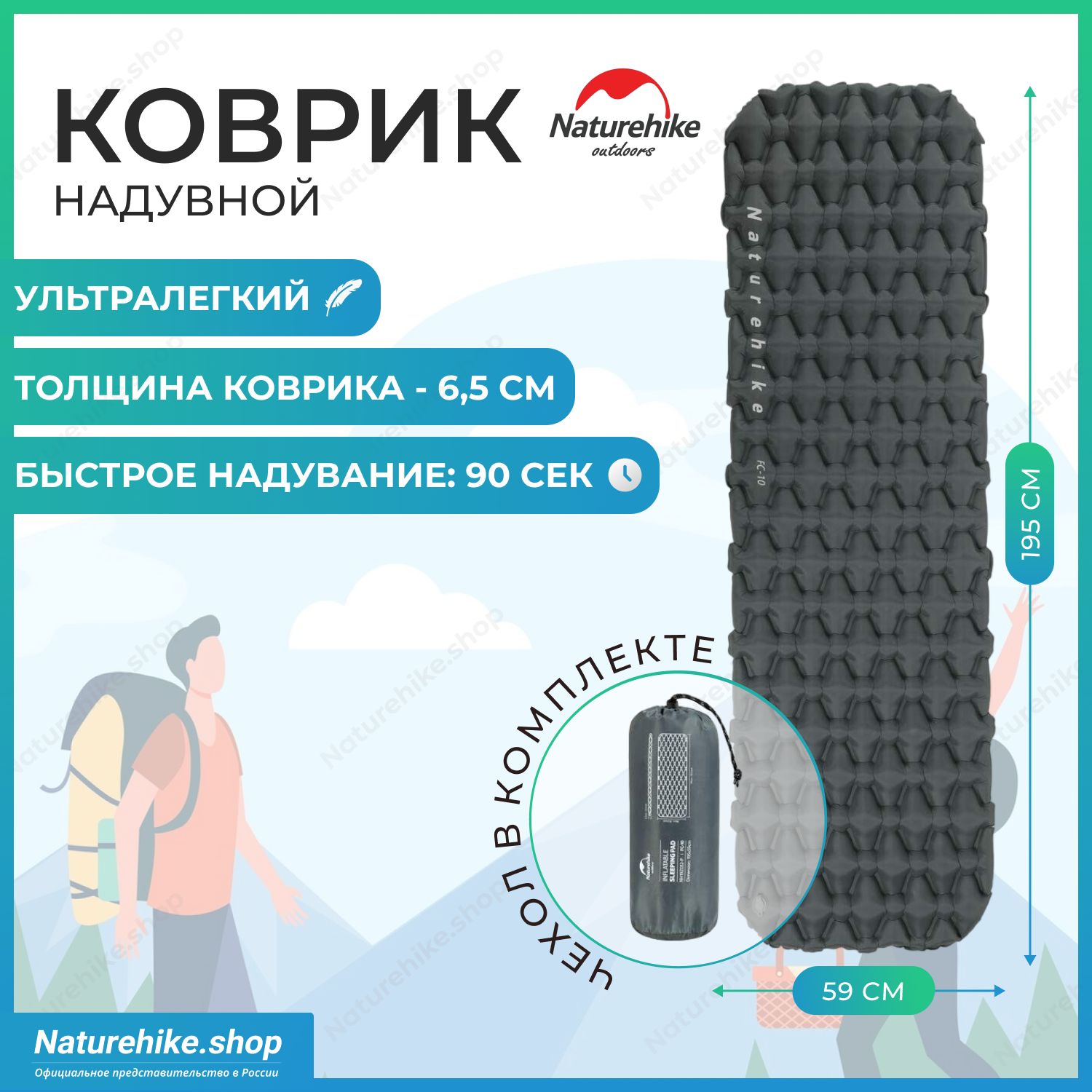 Надувной коврик для путешествий Naturehike FC10, 195х59х6,5 см, цвет серый, NH19Z001-P