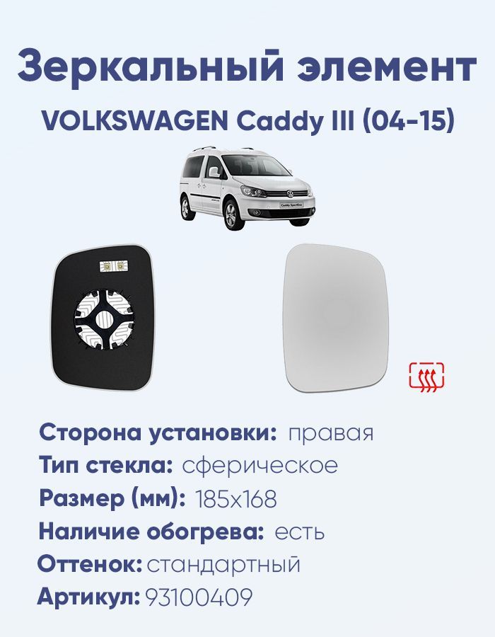 Зеркальный элемент правый VOLKSWAGEN Caddy III (04-15) сфера нейтральный с обогревом